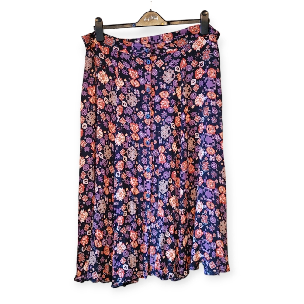 Vintage 90s Patterned Rayon Midi Skirt size 12 black purple orange